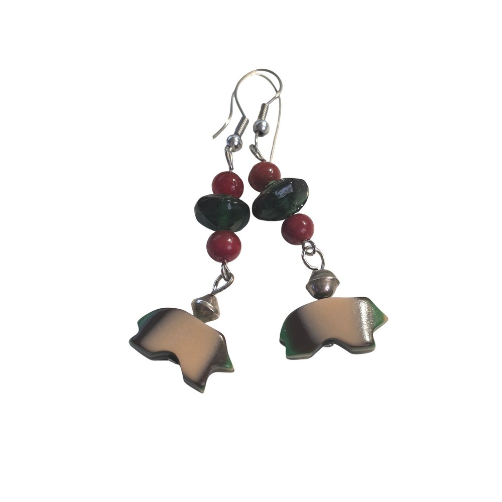 Bear Shell Red Green Beaded Drop Dangle Earrings Silver Tone 2"